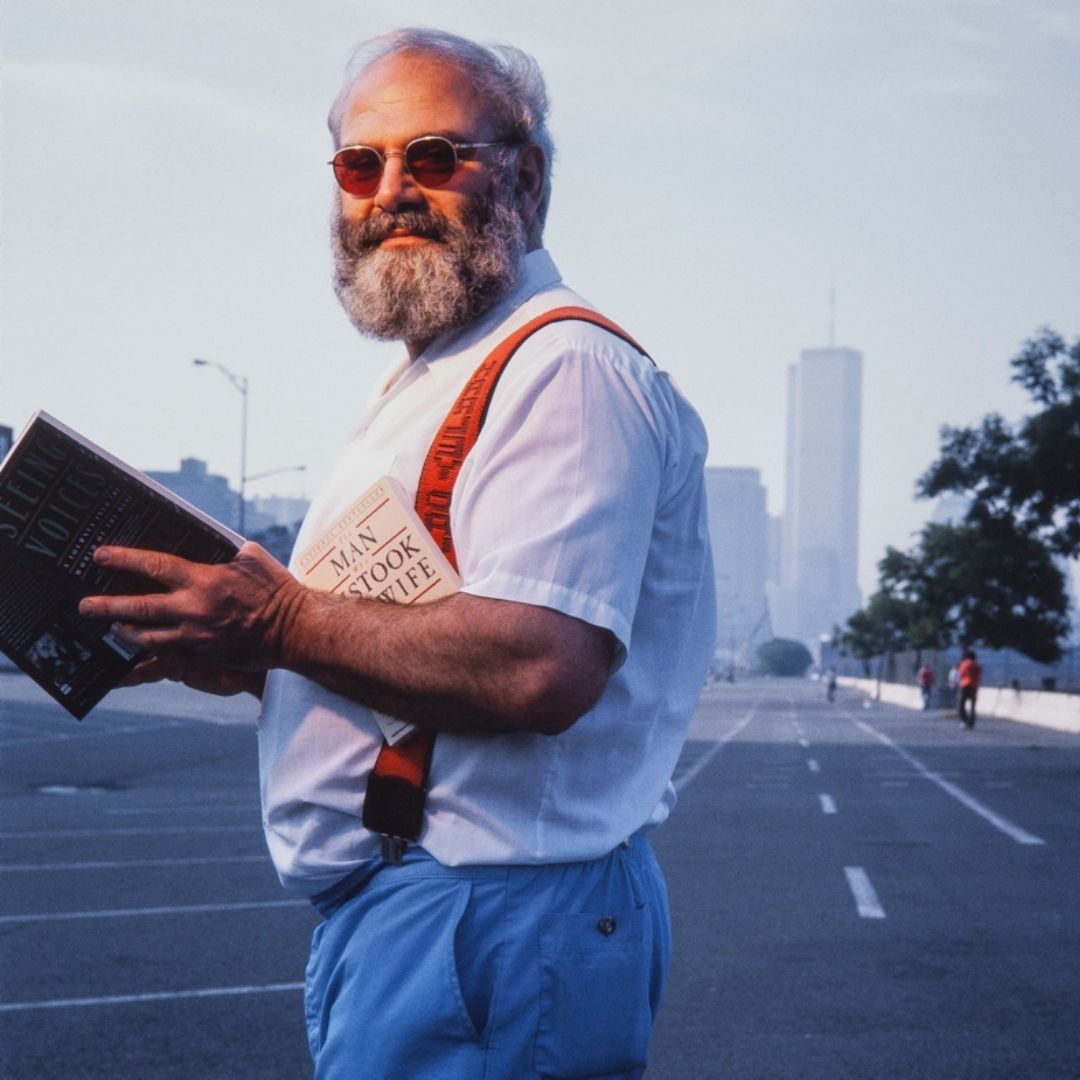 Oliver Sacks pictured holding books
